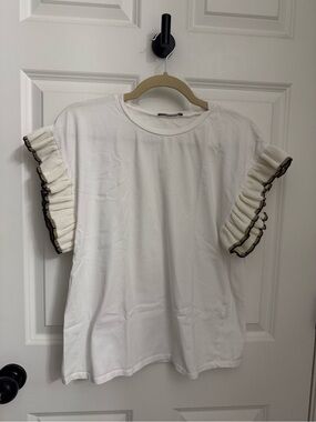 Zara White Short Sleeve Top with gold and black Ruffle Trim